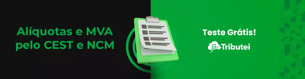 Vetor com fundo preto e verde, com o texto "Alíquotas e MVA pelo CEST e NCM"