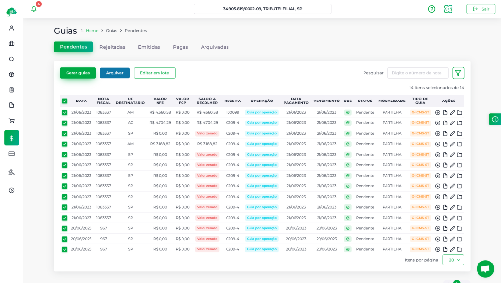 Esta imagem ilustra a funcionalidade avançada do Módulo de Pagamentos dentro de um sistema de gestão fiscal, focado especificamente na seção de guias pendentes. A tela mostra como o sistema organiza as obrigações tributárias, como o ICMS-ST, detalhando o valor a ser pago, a data de vencimento e o status. O módulo de pagamentos é uma ferramenta crucial que permite ao empreendedor visualizar, gerenciar e gerar as guias de impostos de forma centralizada e eficiente.