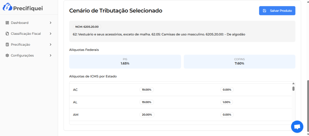 Imagem 01: Tela do Precifiquei mostrando auditoria de NCM e cálculo de precificação para e-commerce