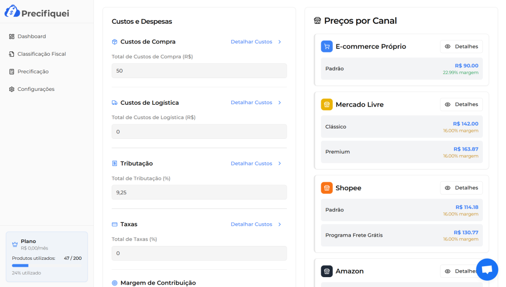 Tela de precificação do sistema Precifiquei que calcula Custos e Despesas (Compra, Logística, Tributação de 9,25%) e exibe os Preços por Canal (E-commerce Próprio, Mercado Livre, Shopee e Amazon) com margem de lucro.