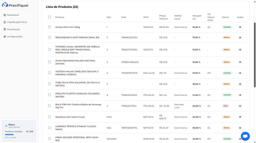 Tela de Precificação - Precifiquei
